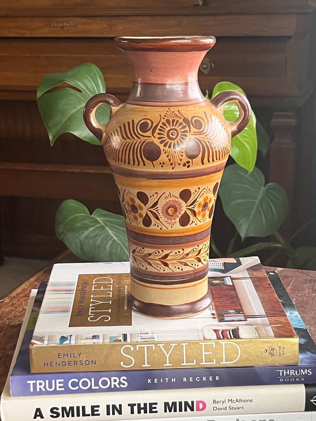 Tonala Mexico Pottery Two Handled Vase, Handmade and Signed by