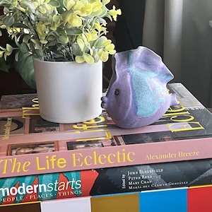 May include: A stack of three books with colourful covers. The top book is pink with the title "The Life Eclectic" in yellow lettering. The middle book is red, orange, and yellow with the title "modernstarts" in white lettering. The bottom book has a colourful striped cover. A small purple and blue ceramic fish figurine sits on top of the books.