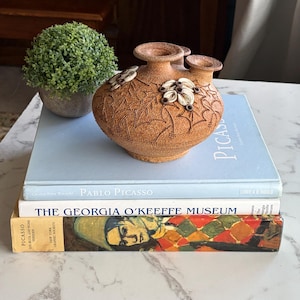 May include: A brown ceramic vase with three spouts, adorned with floral relief and white accents, sits atop a stack of books. A small potted plant is to the left. The books include titles like "Pablo Picasso" and "The Georgia O'Keeffe Museum."
