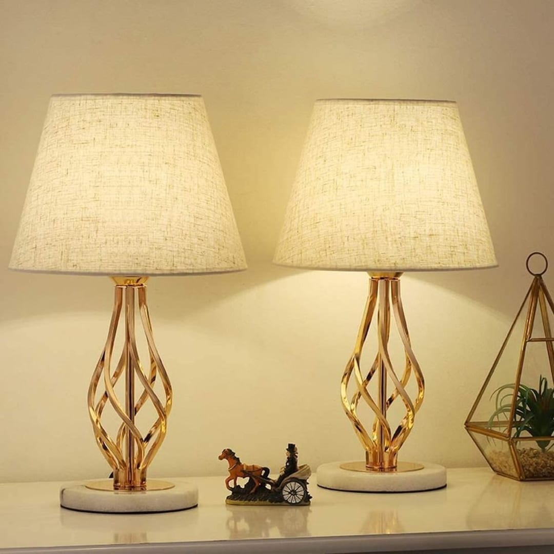 Set of 2 Vintage Bedside Lamps With Marble Base for Bedroom, Office