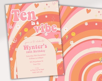 Ten Is A Vibe Birthday Invitation | Editable | Groovy Birthday Invitation | 10th Birthday Invitation | Instant Download