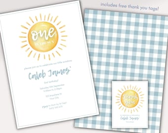 May include: A yellow sun with the word "one" and the text "in the sun" inside. The text "Caleb James'" is below the sun with the text "first birthday!" below that. The text "Saturday 10th September" is below that, followed by the text "1:00pm to 2:00pm". The text "123 Anywhere St" is below that, followed by the text "Your City". The text "RSVP to Mum by 1st Sept" is below that, followed by the text "0412 545 678".