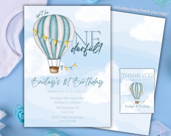 First Birthday Invitation, Hot Air Balloon Invitation, ONEderful Invitation, Baby Boy, 1st Birthday Invitation, Up Up And Away