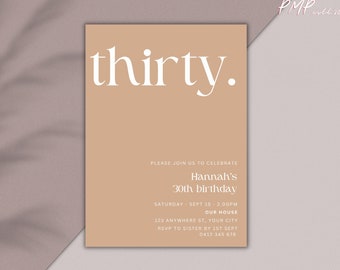 Elegant 30th Birthday Invitation: Neutral Tan & White Canva Template (Instant Download)