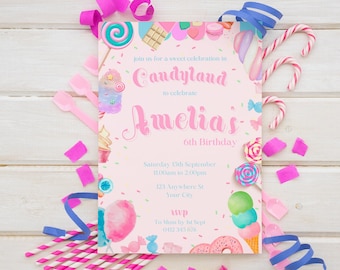 Candy Land Invitation, Pink Kids Birthday Invite, Sweet Treat Birthday Invitation Candy