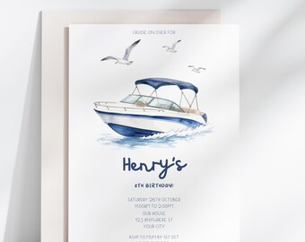 Convite de aniversário editável com tema náutico, convite para festa com lancha em aquarela, festa temática náutica para menino, festa "Cruise On Over", para imprimir.