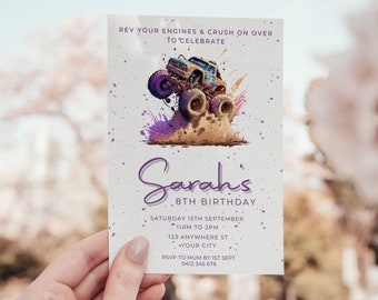 Girl's Monster Truck Birthday Invitation Invite, Digital Editable Printable Invitation, Monster Trucks