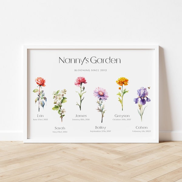 Jardin de grand-mère | Art familial personnalisé personnalisé | Fleur de naissance aquarelle | Preuve envoyée en 48 heures |
