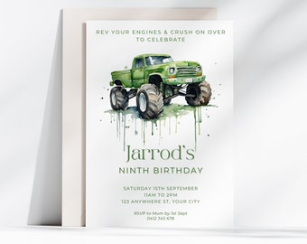 Monster Truck Birthday Invitation, Digital Editable Printable Invitation, Green Monster Trucks