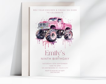 Pink Girl's Monster Truck Birthday Invitation, Digital Editable Printable Invitation, Monster Trucks