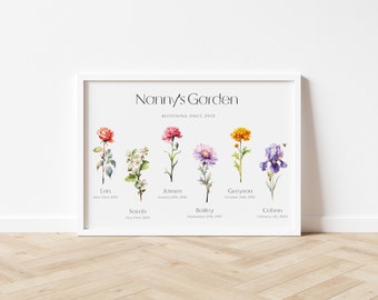 Grandmas Garden | Custom Personalised Family Art | Watercolour Birth Flower | Proof Sent In 48 Hrs |