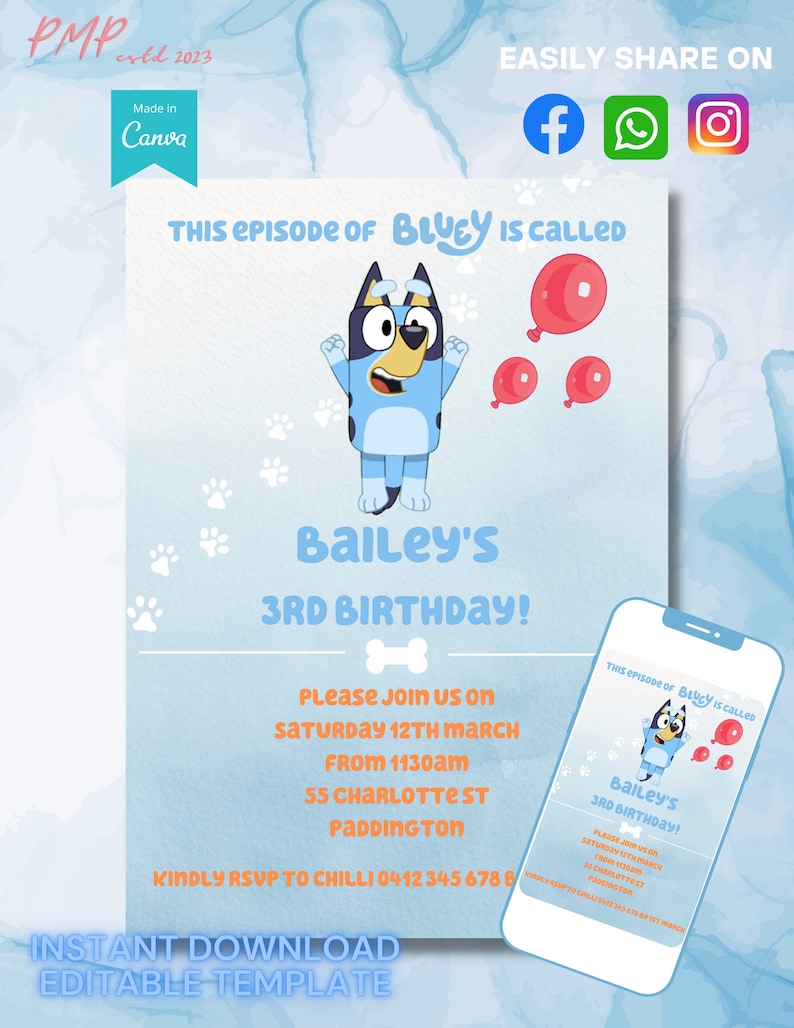 Bluey Invitation Bluey Theme Editable Custom Bluey Party Etsy Australia