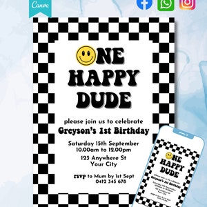 One Happy Dude Birthday Invitation, 1st Birthday Digital Editable Printable Invitation, First Birthday Happy Invitation image 2