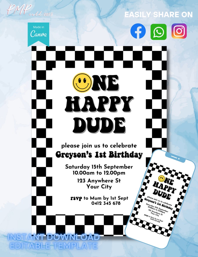 One Happy Dude Birthday Invitation, 1st Birthday Digital Editable Printable Invitation, First Birthday Happy Invitation image 2