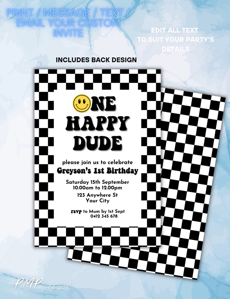 One Happy Dude Birthday Invitation, 1st Birthday Digital Editable Printable Invitation, First Birthday Happy Invitation image 3