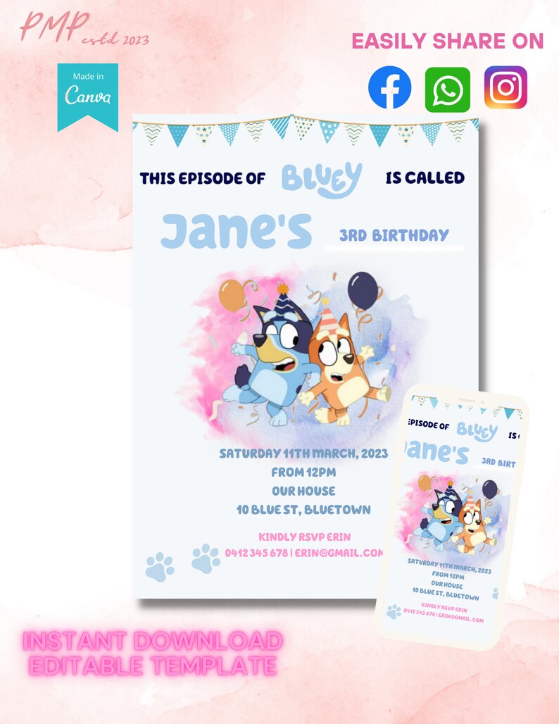 Bluey Invitation Girls Bluey Invitation Editable Custom Bluey Etsy