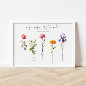 Grandmas Garden | Custom Personalised Family Art | Watercolour Birth Flower | Proof Sent in 48 Hrs |