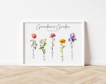 Grandmas Garden | Custom Personalised Family Art | Watercolour Birth Flower | Proof Sent in 48 Hrs |