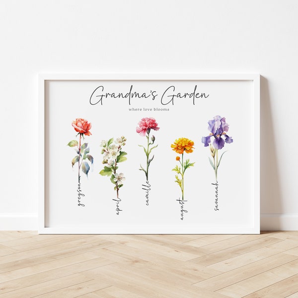 Oma's tuin | Aangepaste gepersonaliseerde familiekunst | Aquarel geboortebloem | Bewijs verzonden binnen 48 uur |