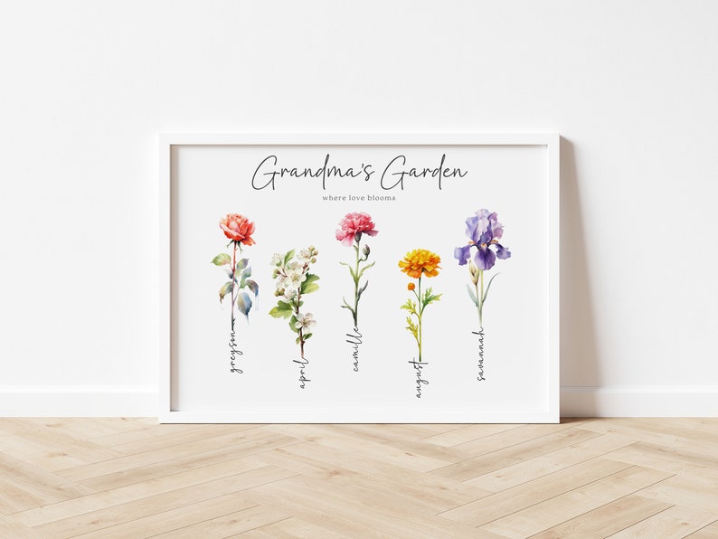 Grandmas Garden Custom Personalised Family Art Watercolour Birth Flower Proof Sent in 48 Hrs image 1