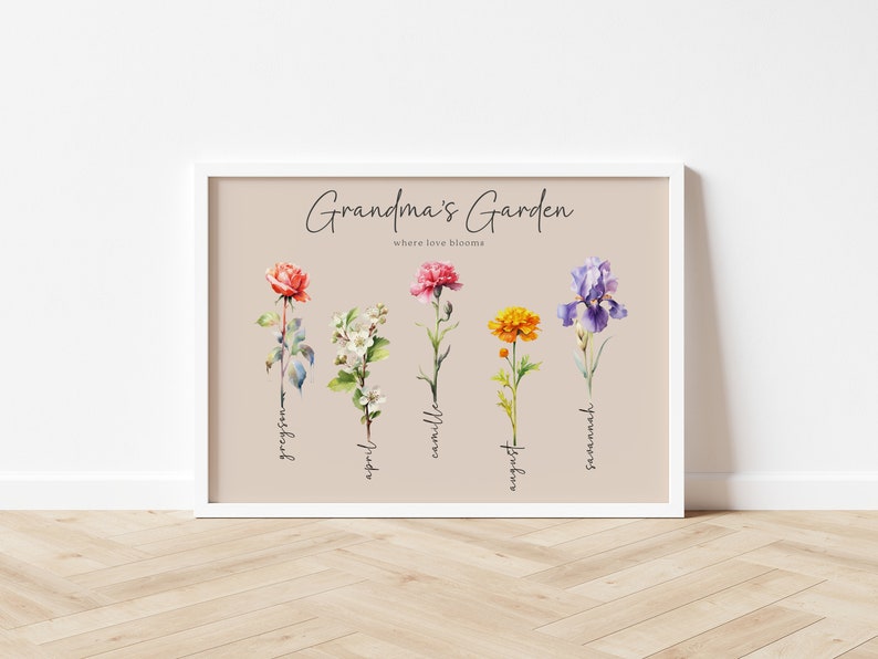 Grandmas Garden Custom Personalised Family Art Watercolour Birth Flower Proof Sent in 48 Hrs image 6