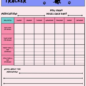 May include: A light pink medication tracker chart featuring a blue header with the text Medication Tracker, a black dog silhouette, and paw prints. The grid includes columns for days of the week and rows for dosage frequency, plus a notes section.
