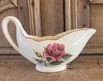 Vintage Gien France Chambord Gravy Boat Rose with Gold Tone Gilt Mid Century Beautiful