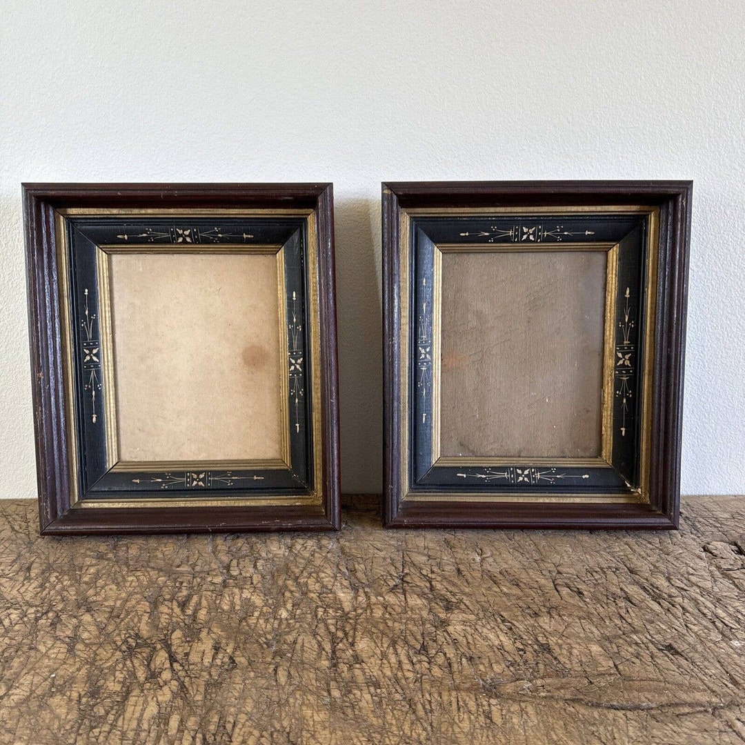 Pair of Antique Wood Picture Frames Victorian Etched Detail Gold Gilt