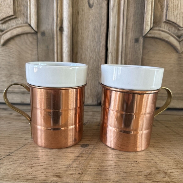 Vintage Set of 2 Copper & Porcelain Coffee Mugs Brass Handles Korea