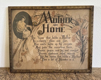 Mother and Home Poem Framed Antique Art Lettering Floral Print Mother's Day Gift Collectible