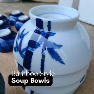 Japanese Ramen Bowls – White with Blue Bamboo Design – Porcelain Noodle Bowl Set – Minimalist Japanese Kitchenware – Made in Japan