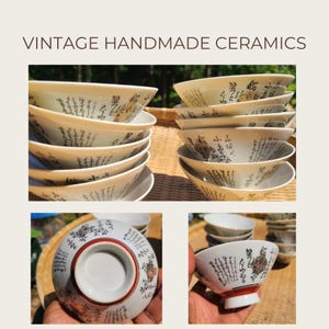 Vintage Japanese Rice Bowls – Hand-Decorated with Kanji Script – Wabi Sabi Pottery – Rustic Calligraphy Dishes – Japan Home Find