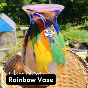 Hand-Blown Rainbow Glass Vase – Color Splash Art Glass – Vibrant Decorative Vase – Unique Boho Home Decor – Vintage Japan Studio Piece