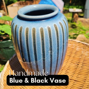 Vintage Japanese Ceramic Vase – Blue Glaze with Black Line Design – Minimalist Pottery – Wabi Sabi Home Decor – Ikebana Flower Vase