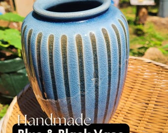 ヴィンテージ陶器花瓶 – 青と黒の釉薬をかけた陶器 – 小さな生け花用
