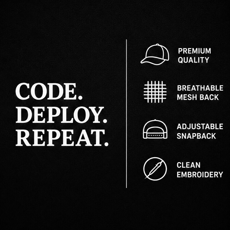 Code Deploy Repeat Snapback Cap | Developer Trucker Hat, Programmer Typography image 6
