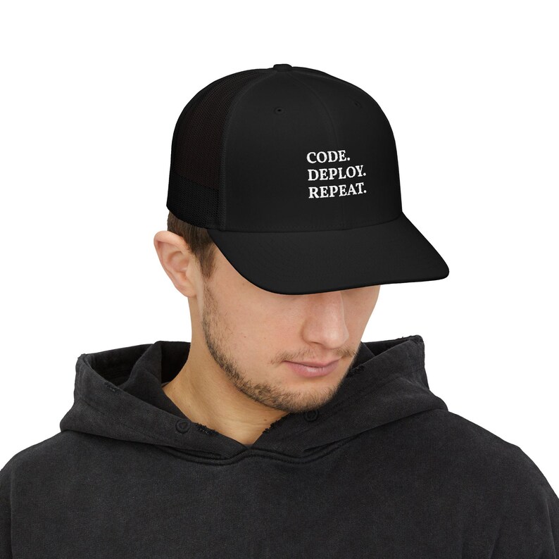 Code Deploy Repeat Snapback Cap | Developer Trucker Hat, Programmer Typography image 9
