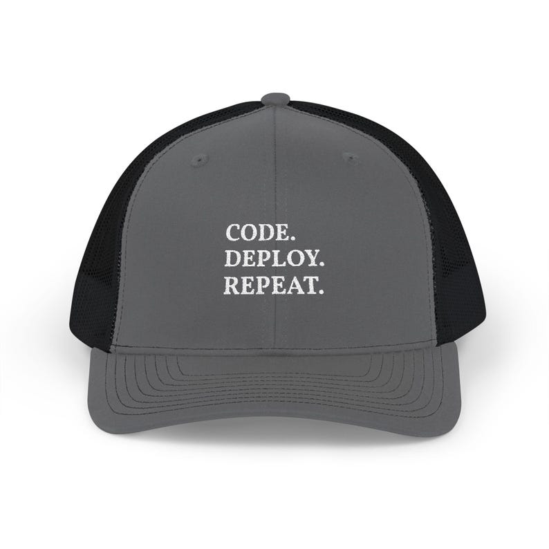 Code Deploy Repeat Snapback Cap | Developer Trucker Hat, Programmer Typography image 7