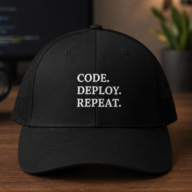May include: A black trucker cap featuring a mesh back and a solid front panel. The front is embroidered with the white text "CODE. DEPLOY. REPEAT." in a clean, sans-serif font. The cap has a structured crown and a curved brim.