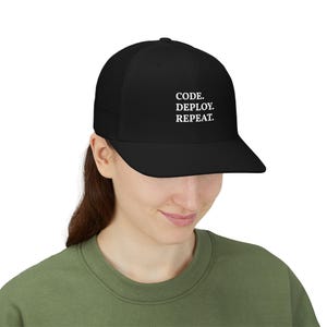Code Deploy Repeat Snapback Cap | Developer Trucker Hat, Programmer Typography image 10