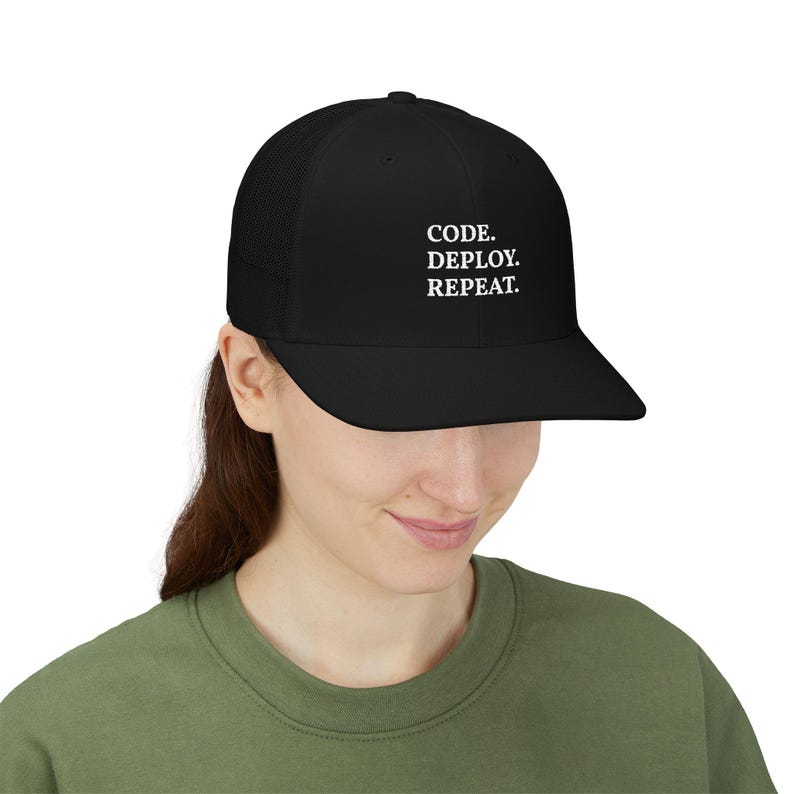 Code Deploy Repeat Snapback Cap | Developer Trucker Hat, Programmer Typography image 10