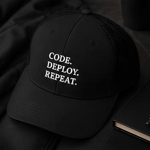 May include: A black trucker cap featuring a mesh back and a solid front panel. The front of the cap displays the white text "CODE. DEPLOY. REPEAT." in a clean, sans-serif font. The cap has a curved brim and a structured crown design.