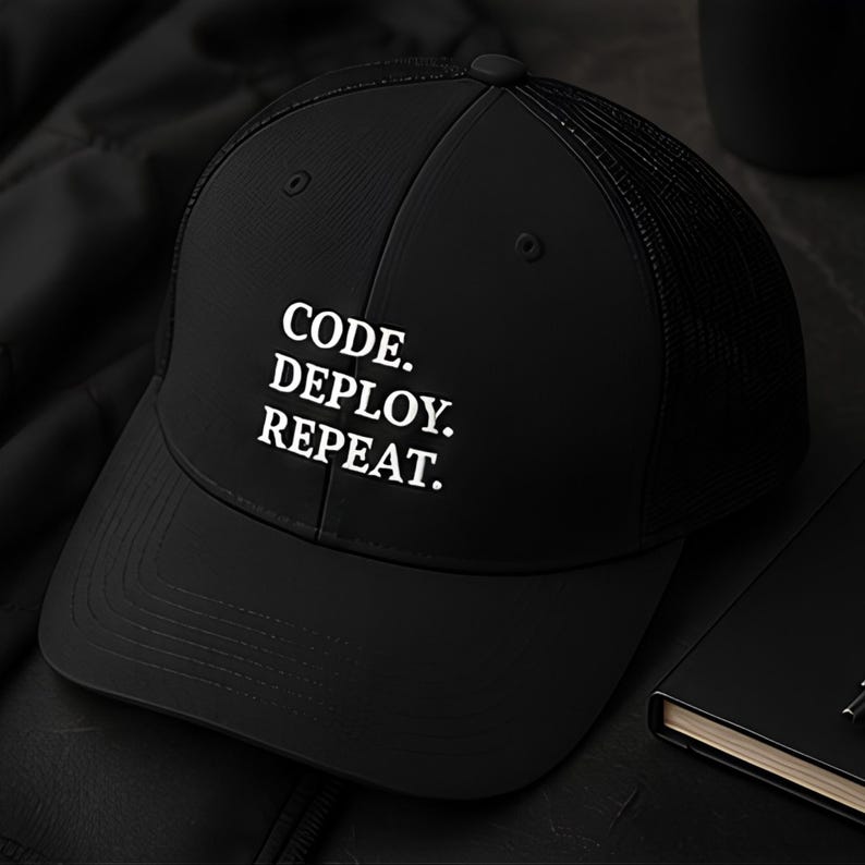 May include: A black trucker cap featuring a mesh back and a solid front panel. The front of the cap displays the white text "CODE. DEPLOY. REPEAT." in a clean, sans-serif font. The cap has a curved brim and a structured crown design.