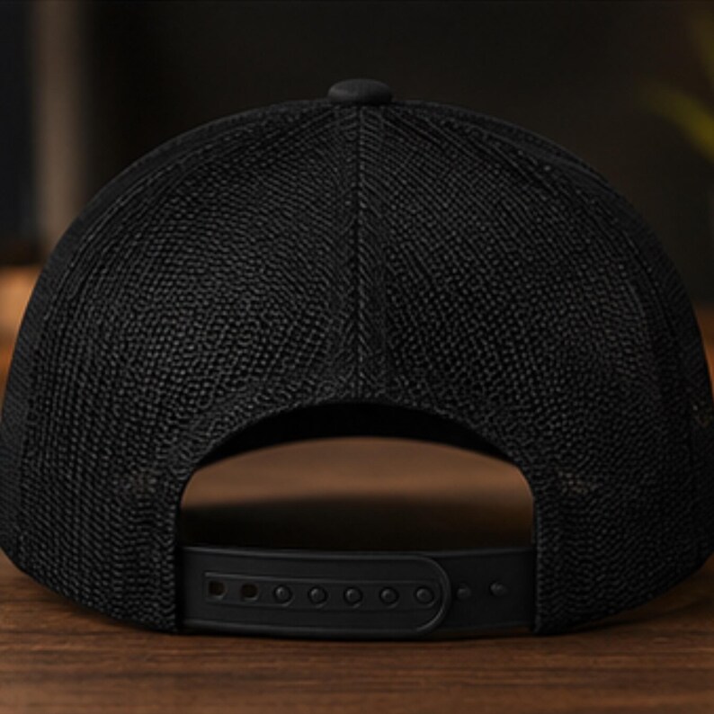 May include: A solid black baseball cap featuring a textured mesh back panel and a matching black plastic snapback closure at the rear. The cap has a structured crown with a central button at the top and a consistent dark colour throughout the design.