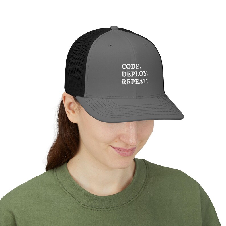 Code Deploy Repeat Snapback Cap | Developer Trucker Hat, Programmer Typography image 12
