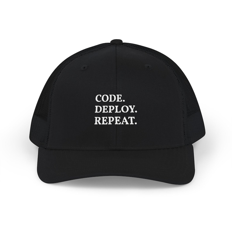 Code Deploy Repeat Snapback Cap | Developer Trucker Hat, Programmer Typography image 1