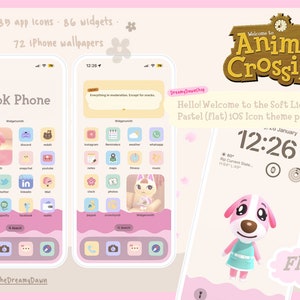 May include: A pastel pink and white Animal Crossing themed iPhone icon pack with 85 app icons, 86 widgets, and 72 wallpapers. The icon pack features a flat design with a cute animal character. The text "Welcome to Animal Crossing" and "Hello! Welcome to the Soft Light Pastel (flat) iOS Icon theme pack!" is displayed on the image. The time is 12:26.