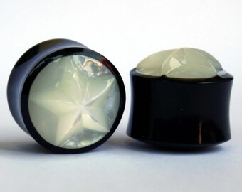 276 Buffalo Horn plugs Mother of Pearl carved star Gauges Pair  Earrings Piercings  Organic tunnels spirals