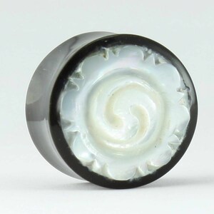 278 Buffalo Horn plugs Mother of Pearl carved syin yang  Gauges Pair  Earrings Piercings  Organic tunnels spirals