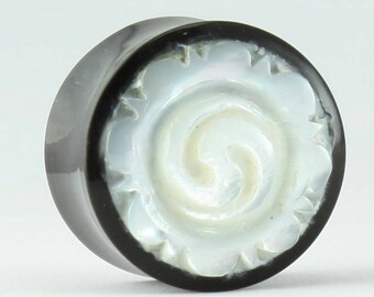 278 Buffalo Horn plugs Mother of Pearl carved syin yang  Gauges Pair  Earrings Piercings  Organic tunnels spirals